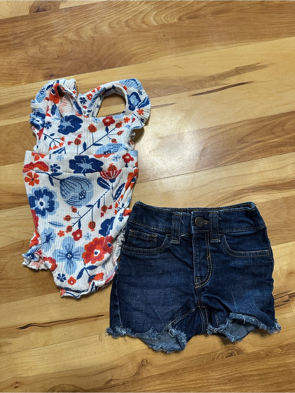 Old Navy Floral Ruffle-Strap One-Piece and Denim Shorts Set in White, Blue & Red